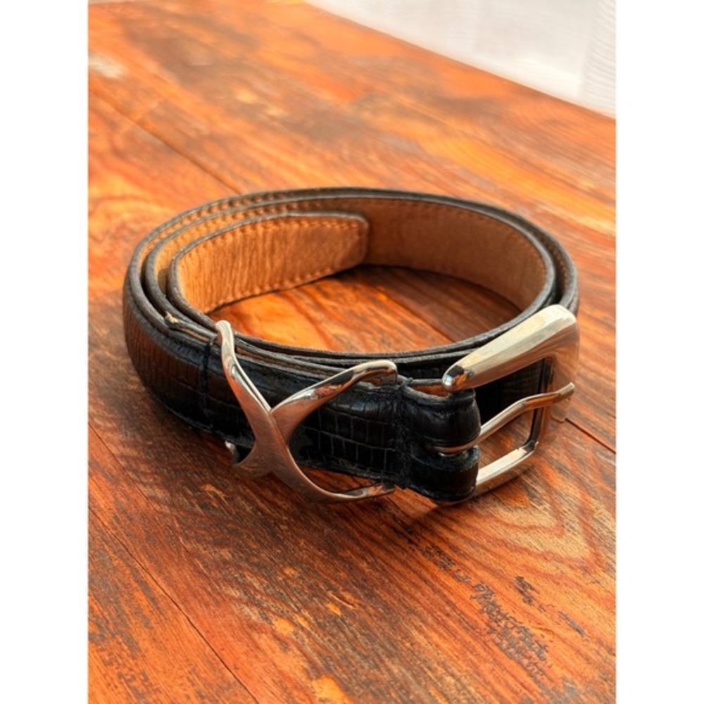 Y2K Black Leather Croc Embossed Belt Silver‎ X Buckle Minimalist Unisex